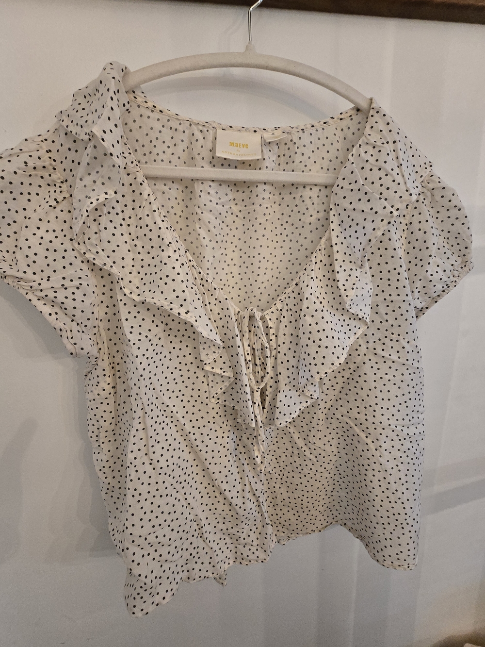 Anthropologie Cream Blouse with Black Polka Dots and Ruffle V-Neck
